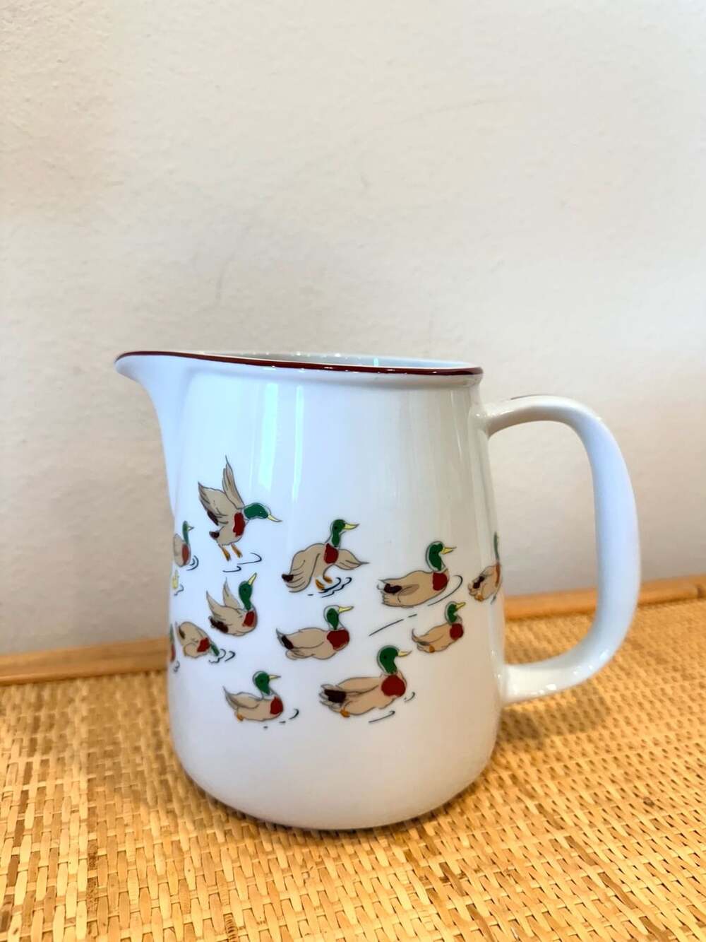 1980s Taitu “The Ducks” Porcelain Pitcher Mallard Duck Design Vintage